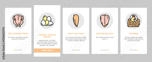 Chicken Animal Farm Raw Meat Food Onboarding Mobile App Page Screen Vector. Chicken Leg Quarter And Feet, Neck And Back, Wing And Drumstick Bird Body Parts, Heart And Liver Illustrations