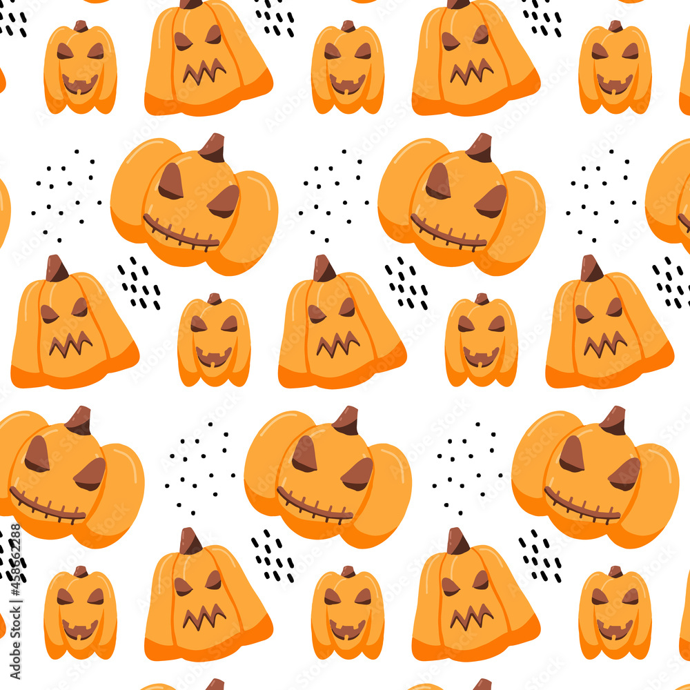 Obraz premium Hand-drawn seamless pattern with Halloween pumpkins. Eerie scary pumpkin pattern. The pattern is suitable for wrapping paper, textiles, prints, banners.