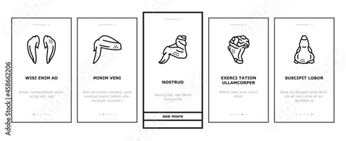 Chicken Animal Farm Raw Meat Food Onboarding Mobile App Page Screen Vector. Chicken Leg Quarter And Feet, Neck And Back, Wing And Drumstick Bird Body Parts, Heart And Liver Illustrations