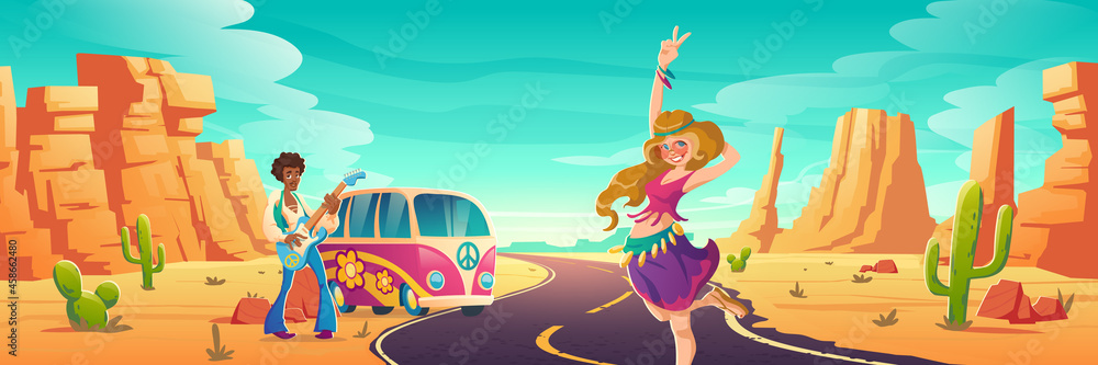 Hippie in desert highway, woman gesturing peace and love, man playing guitar near bus with flowers ornament. Hippy travel to woodstock music festival. Happy smiling people, Cartoon vector illustration