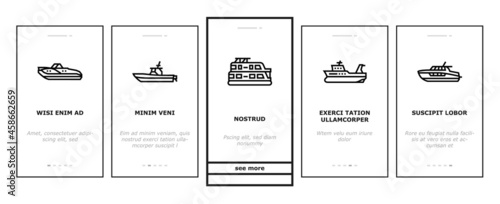 Boat Water Transportation Types Onboarding Mobile App Page Screen Vector. Runabout And Catamaran, Fishing And Bowrider, Motor Yacht And Cabin Cruiser Boat Illustrations photo