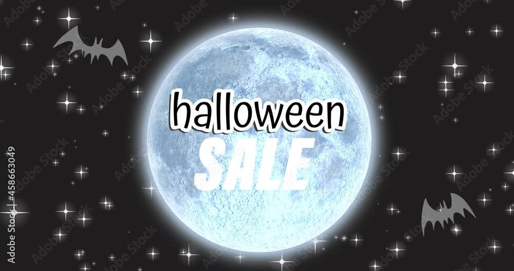 Animation of halloween sale text over moon and night sky Animation of halloween sale text over moon and night sky