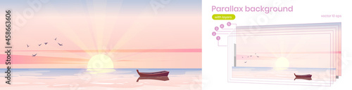 Sea landscape with wooden boat at sunrise. Vector parallax background for 3d animation with cartoon illustration of morning seascape or ocean, flying birds and rising sun with beams on horizon