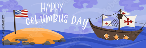Banner happy columbus day historical event.Background with a sailboat and an island with the flag of america. Ship red crosses. Vector illustration