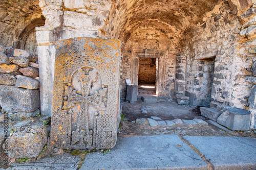 Civic house remains and khachkar cross-stone at the ruins of the fortress and the ancient settlement - Lori Berd (13 century).