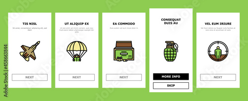 Army Soldier And War Technics Onboarding Mobile App Page Screen Vector. Army Military Tank Machine And Air Plane, Artillery Weapon And Grenade, Ammunition And Parachute Accessories Illustrations
