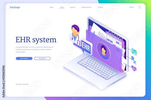 EHR system banner. Online database with patient medical reports. Vector landing page of electronic health record with isometric illustration of laptop with patient profile on screen