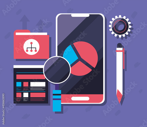 smartphone with pie chart and loupe