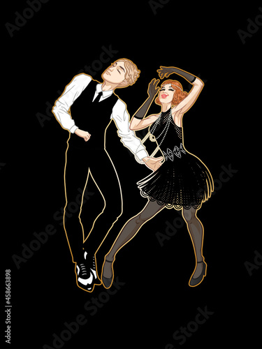 Retro party card, man and woman dressed in 1920s style dancing, flapper girl, handsome guy in vintage suit, twenties, vector illustration
