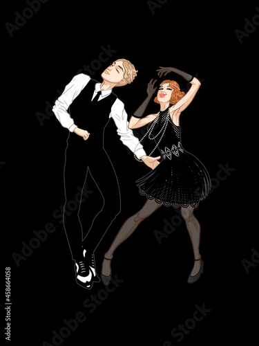 Retro party card, man and woman dressed in 1920s style dancing, flapper girl, handsome guy in vintage suit, twenties, vector illustration