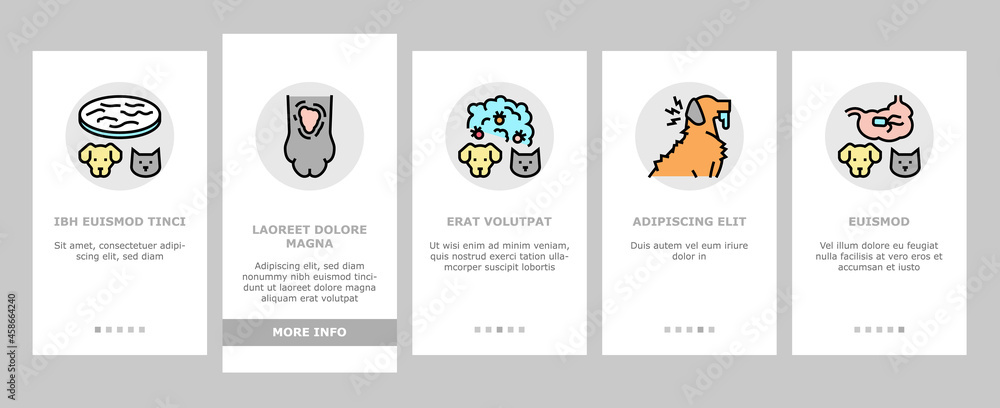 Pet Disease Ill Health Problem Onboarding Mobile App Page Screen Vector. Salmonellosis And Tapeworm, Psittacosis And Sarcoptic Mange, Leptospirosis And Streptococcues Pet Disease Illustrations Pet Disease Ill Health Problem Onboarding Mobile App Page Screen Vector. Salmonellosis And Tapeworm, Psittacosis And Sarcoptic Mange, Leptospirosis And Streptococcues Pet Disease Illustrations
