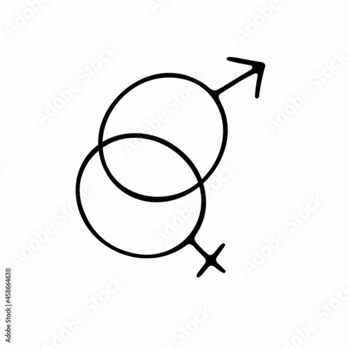 Doodle gender symbol. Crossed symbols of Venus, Mars. Outline sketch female, male, heterosexual couple sign on white background. Woman Man love combination. Relationship icon. Vector line illustration