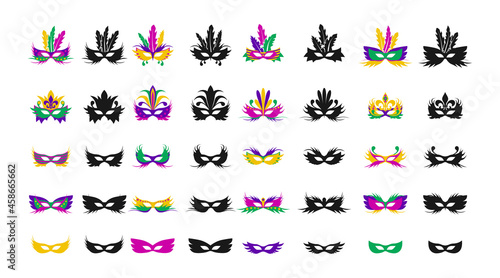 A large set of carnival masks. Masks in the style of Mardi Gras carnival. Colored masks and black silhouettes isolated on a white background for design and web.