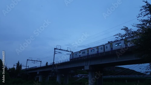 Train running run blue sky bridge