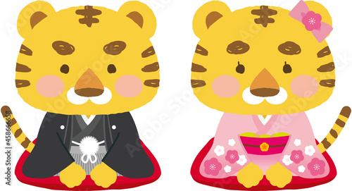 イラスト素材: 着物を着たかわいい寅シリーズ　主線なし　和装で正座しご挨拶をする男女カップル
