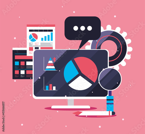 computer with pie chart and loupe