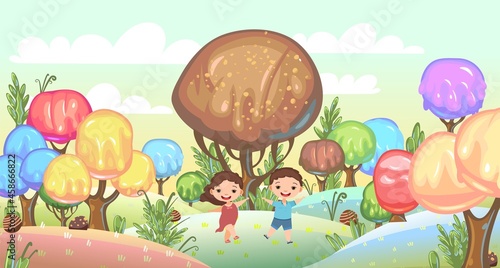 Kiddies on Candy Background. Cartoon sweet land. Boy and girl. Ice cream and caramel. Chocolate tree. Cute childrens fairytale holiday landscape. Fantastic illustration. Vector