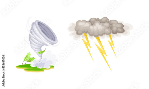 Natural disasters set. Tornado and thunderstorm cartoon vector illustration