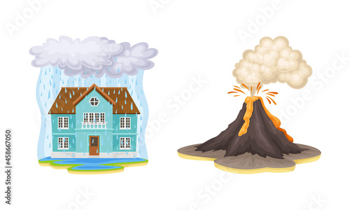 Natural disasters set. Flood and volcano eruption cartoon vector illustration