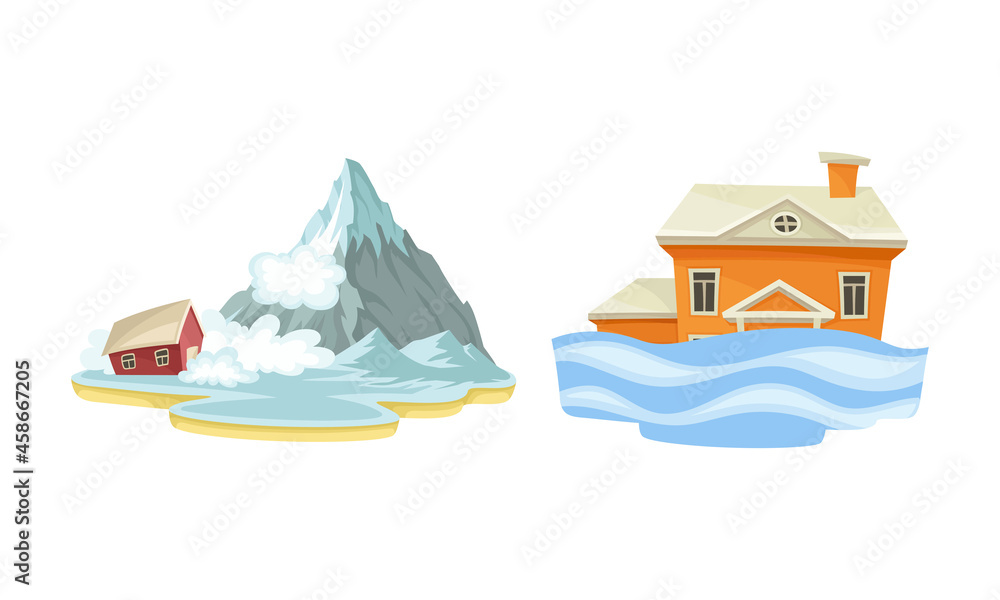 Natural disasters set. Snow avalanche and flood cataclysms cartoon vector  illustration Stock Vector | Adobe Stock