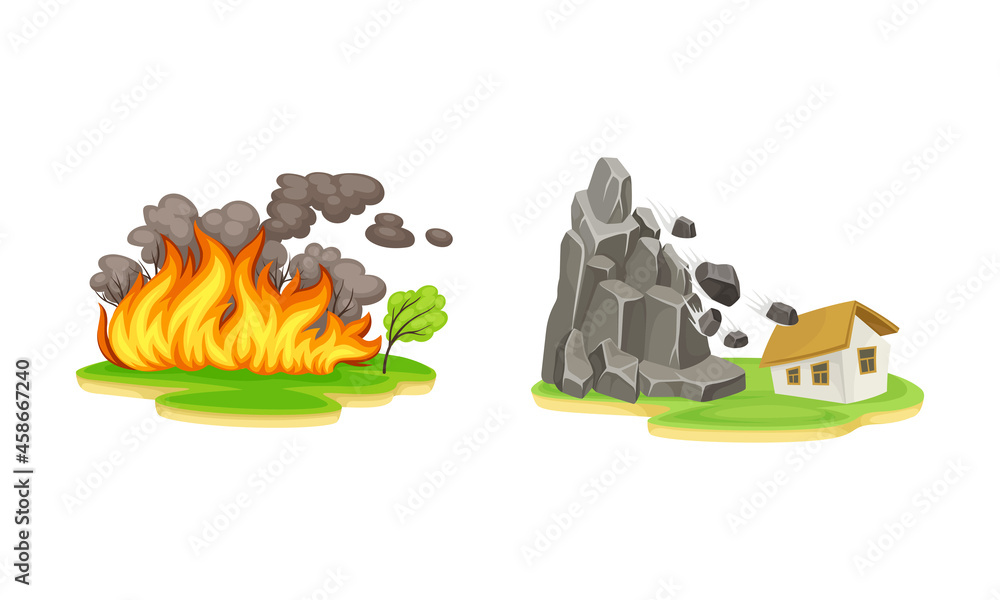 Natural disasters set. Forest fire and rockfall cataclysms cartoon vector  illustration Stock Vector | Adobe Stock