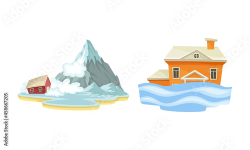Natural disasters set. Snow avalanche and flood cataclysms cartoon vector illustration