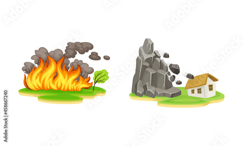 Natural disasters set. Forest fire and rockfall cataclysms cartoon vector illustration