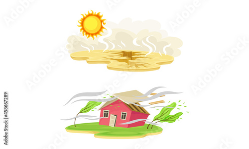 Natural disasters set. Drought and hurricane cartoon vector illustration
