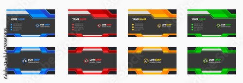modern creative business card design template with Blue, yellow, red, and green color. unique shape modern business card design.