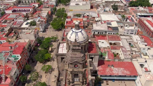 Aerial View Of Temple San Jose de Gracia, A Neoclassical Church In Guadalajara, Jalisco, Mexico. drone descend photo