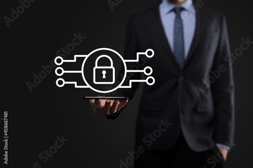 Cyber security network. Padlock icon and internet technology networking. Businessman protecting data personal information on tablet and virtual interface. Data protection privacy concept. GDPR. EU