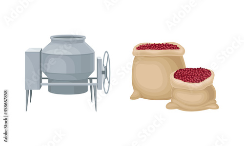 Coffee industry production set. Sack of ripe coffee fruits and processing machine vector illustration