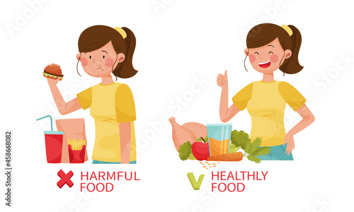 Bad and good habits for diabetes. Harmful and healthy food vector illustration