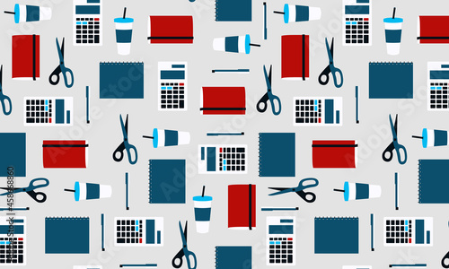 School supplies seamless pattern , stationery, office supplies, notepads, markers, scissors, university, college, coffee cup, study time, office work, notebook, calculator, class.