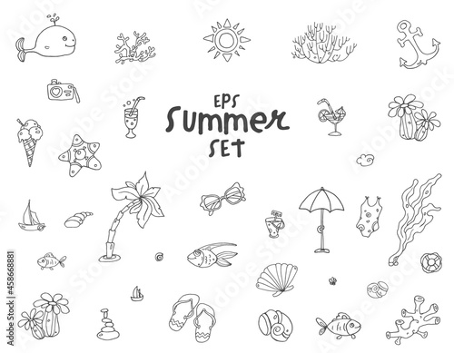 Summer Set - outline vector elements: beach, fishes, underwater, ice-cream, anchor - cute hand-drawn doodles.