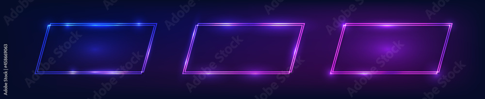 Set of neon double frames with shining effects Set of neon double frames with shining effects
