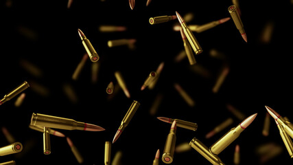 Falling bullets on a black background with depth of field.