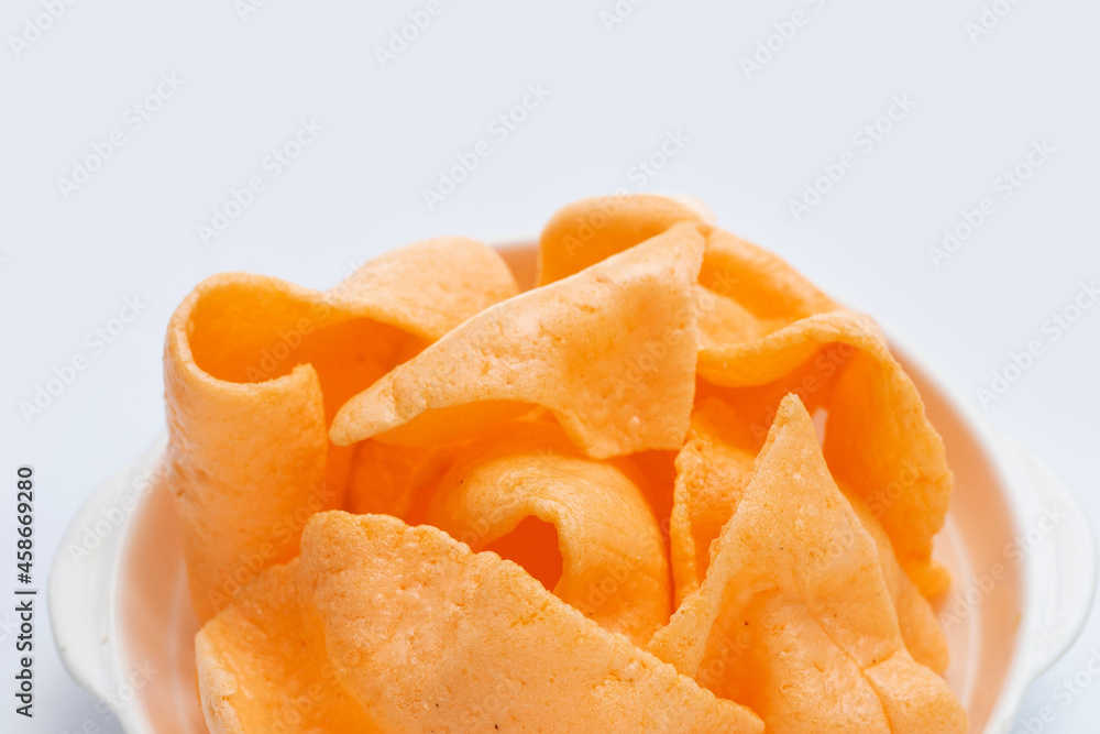 Prawn crackers on white background. Shrimp crispy rice snack Prawn crackers on white background. Shrimp crispy rice snack