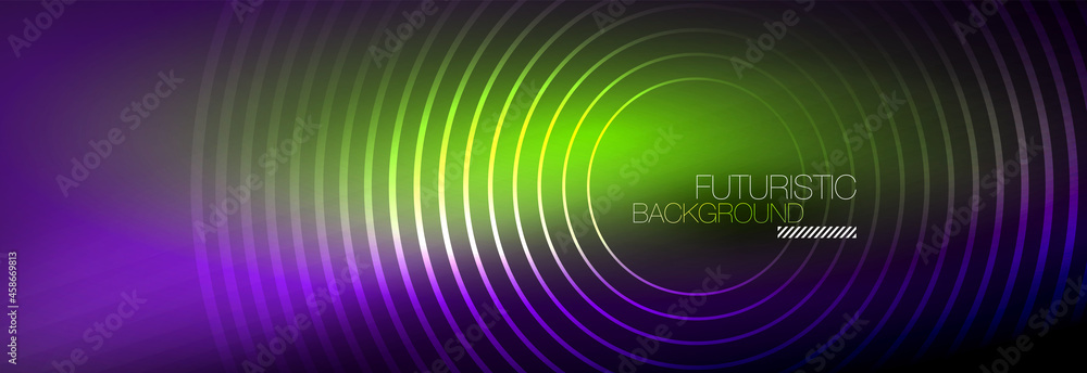 Dark abstract background with glowing neon circles. Trendy layout template for business or technology presentation, internet poster or web brochure cover, wallpaper Dark abstract background with glowing neon circles. Trendy layout template for business or technology presentation, internet poster or web brochure cover, wallpaper