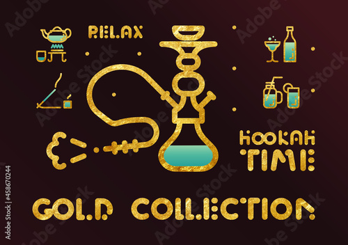 Food vector icon set. Hookah time gold line collection on dark background logo. Illustration drinks, cocktails, incense, relax, tobacco, shisha.