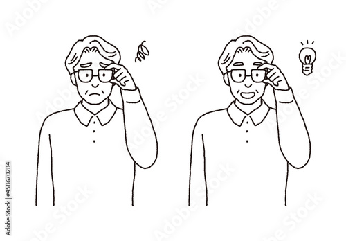 シンプルなタッチ　老眼が辛いシニア男性と目が良く見えるシニア男性のイラストレーション
