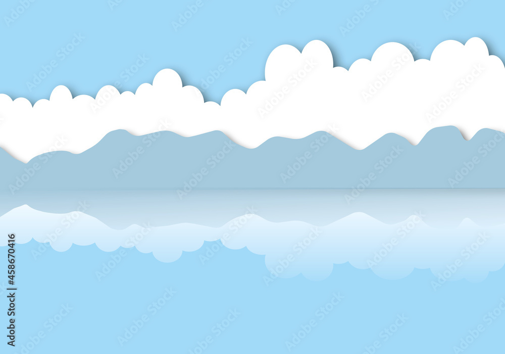 Blue sky with mountains and river. Nature background. Soft blue background. Space for the text. Paper art design style. Blue sky with mountains and river. Nature background. Soft blue background. Space for the text. Paper art design style.