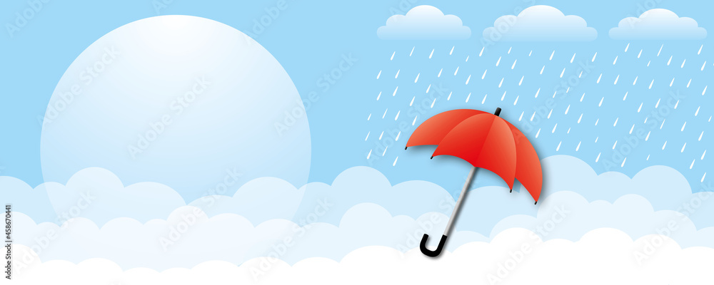 Ilustrace „Sale Banner for rainy season or monsoon. Red umbrella with heavy  rain and blue sky background. Design of template, Poster, Label, Web  Header. Space for the text. Design style.“ ze služby