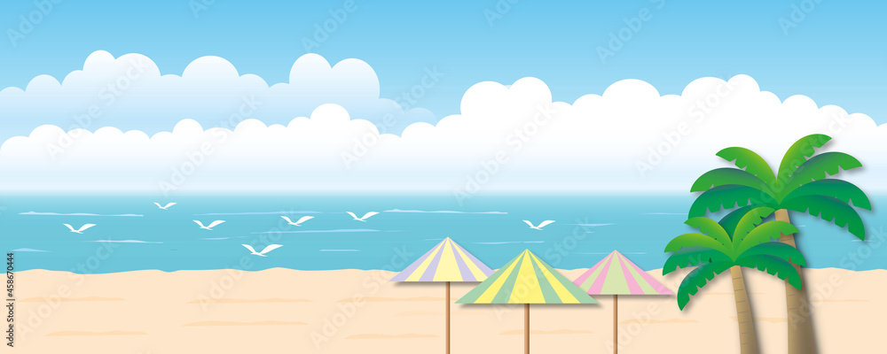 Idyllic beach with turquoise blue sea, sand, coconut tree, bird, sky and cloud. Nature background or Summer holiday concept. Landscape. Space for the text. Paper cut design style.