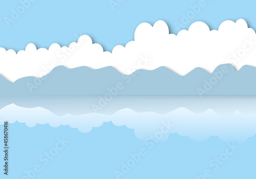 Blue sky with mountains and river. Nature background. Soft blue background. Space for the text. Paper art design style.