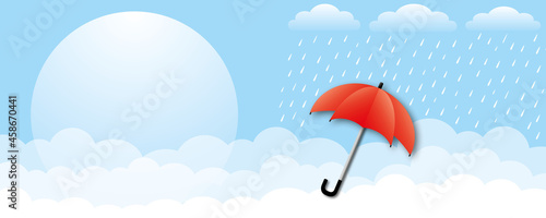 Sale Banner for rainy season or monsoon. Red umbrella with heavy rain and blue sky background. Design of template, Poster, Label, Web Header. Space for the text. Design style.