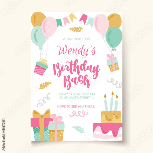 Birthday party. Birthday bash template with lettering cake in childish style for designing own posters and invitation cards. Vector illustration