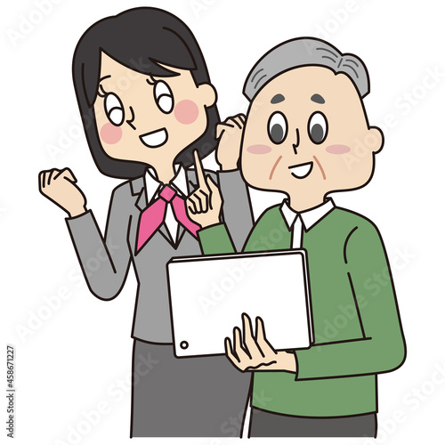 タブレットの操作を習うシニア男性と教える制服姿の携帯ショップ店員の女性