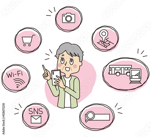 スマホを操作するシニア女性とアプリのシンプルなアイコン