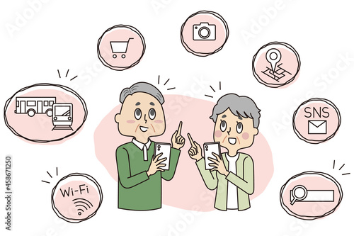 スマホを操作するシニアの男女とアプリのシンプルなアイコン